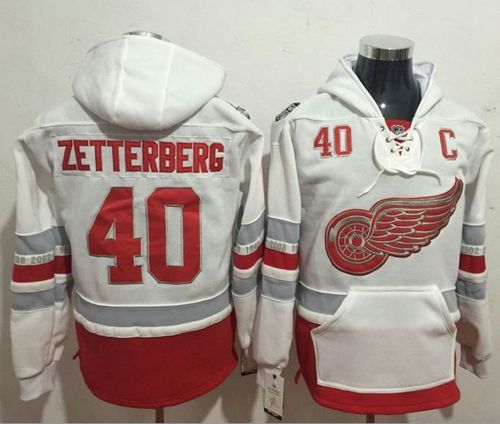Red Wings #40 Henrik Zetterberg White Name & Number Pullover NHL Hoodie - Click Image to Close
